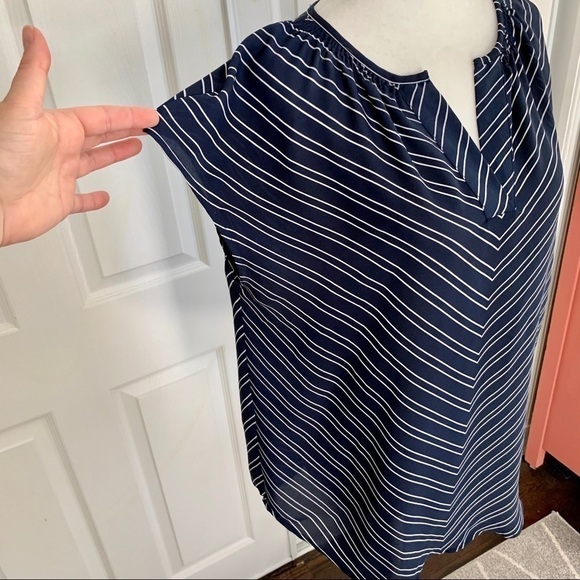 Maurices Navy Striped Short Sleeve Sheer Blouse - Picture 3 of 8